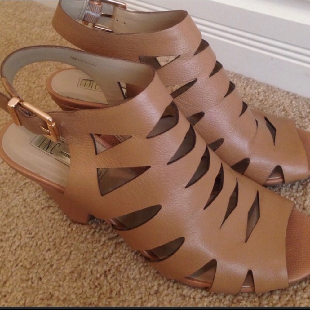 INC Tan/nude open toe sandals short heel